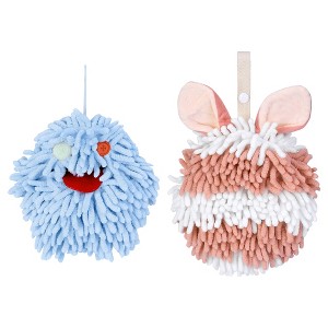 REGALWOVEN 2 Packs Fluffy Chenille Rabbit Shape Cute Soft Absorbent Hanging Ball Hand Towels 7" x 7" - 1 of 4