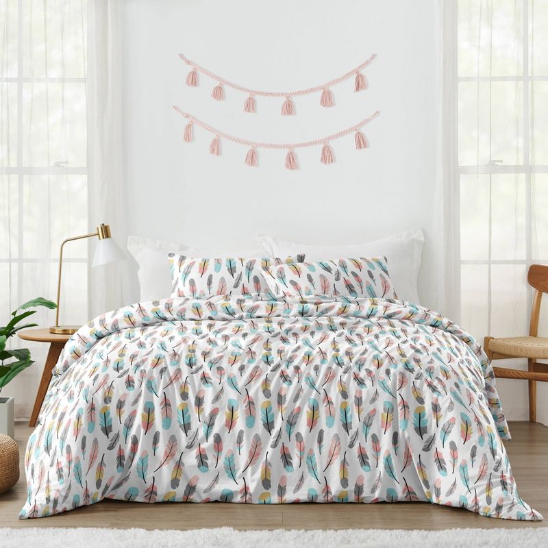 3pc Feather Full/Queen Kids&#39; Comforter Bedding Set Gray and Coral - Sweet Jojo Designs, 1 of 7