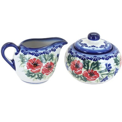 Blue Rose Polish Pottery Cherry Red Bouquet Sugar Bowl & Creamer Set