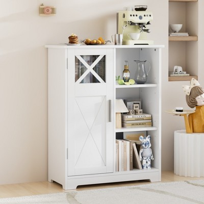VECELO Bathroom Floor Storage Cabinet with 2 Adjustable Shelves, Freestanding Cabinet with 1 Door & 3 Open Compartments, White