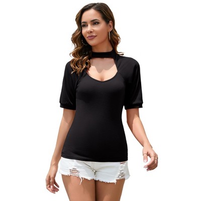 Women's Knitted Short Sleeve Blouse V-Neck Blouse for Women Black S