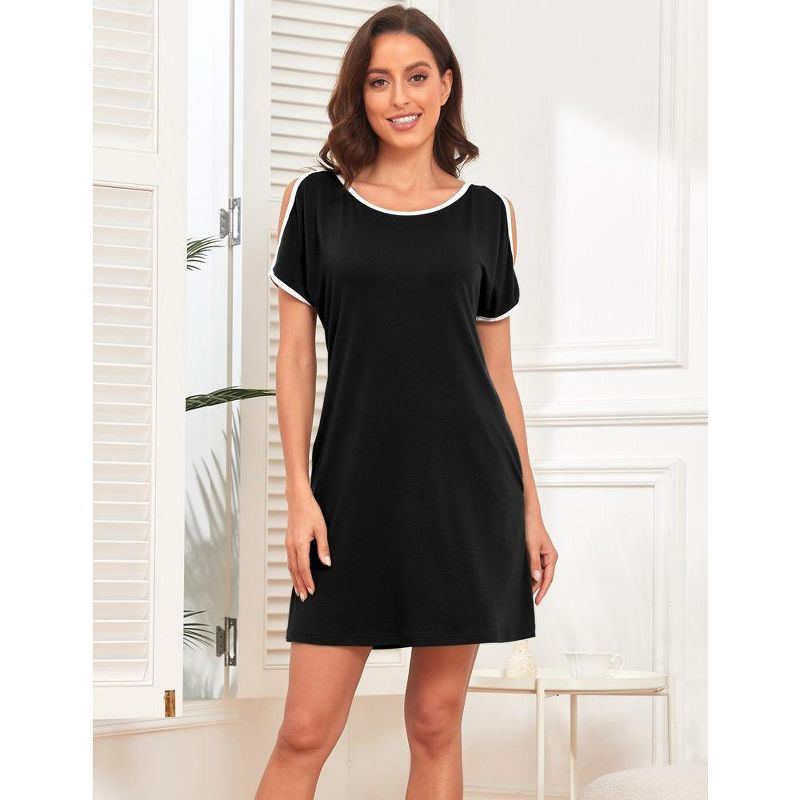 Women's Color Block Off Shoulder Short Sleeve Nightgown Casual Dress, 2 of 7