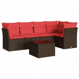 vidaXL 6 Piece Patio Sofa Set with Cushions Brown and Red Poly Rattan - With Table - 1 of 4