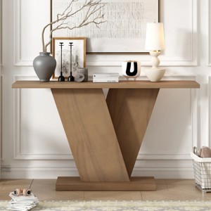 Minimalist Rectangle Wood Console Table,V-Base Design Sofa Table Natural Wood Veneer For Entryway Living Room-Cuddlewood - 1 of 4
