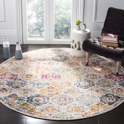 Blue and Multi-Color Round Cotton Synthetic Area Rug
