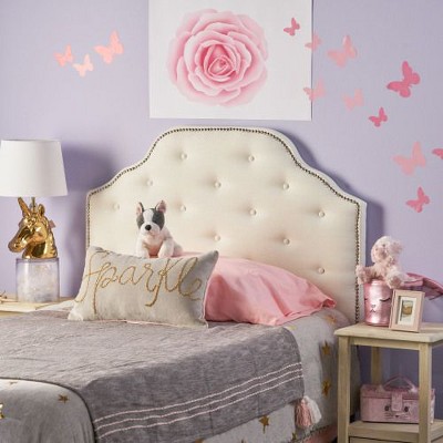 Ivory Camelback Upholstered Twin Size Headboard with Button Tufted Diamond Stitch & Nailhead Accents for Metal Bed Frames -Christopher Knight Home