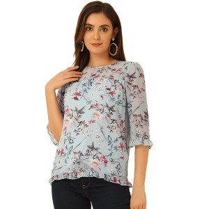 INSPIRE CHIC Women's Round Neck Ruffle 3/4 Sleeve Floral Print Chiffon Blouse - 1 of 4