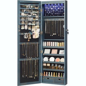 LED Mirror Jewelry Cabinet Wall/Door Mounted, 47.2-Inch Tall Lockable Armoire with 2 Drawers, White - 1 of 4