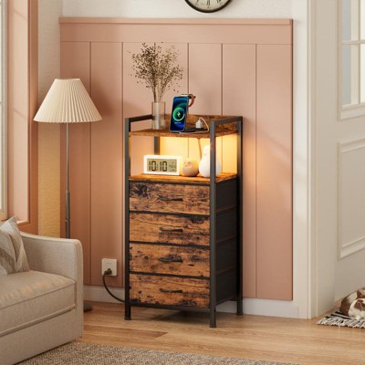 Furnulem Tall Nightstand with Charging Station and Drawers, Bedside Table with 4/5 Fabric Drawers, LED Lights and 2 Storage Shelves