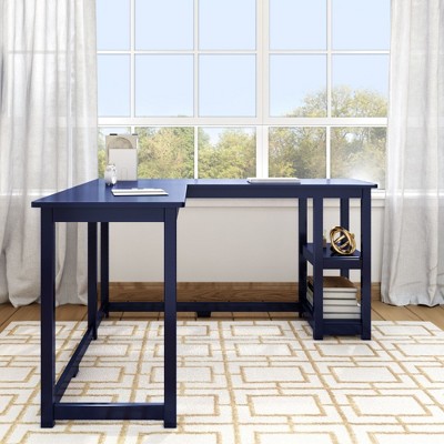 Navy L-Shaped Corner Desk with Shelves and Solid Wood Legs
