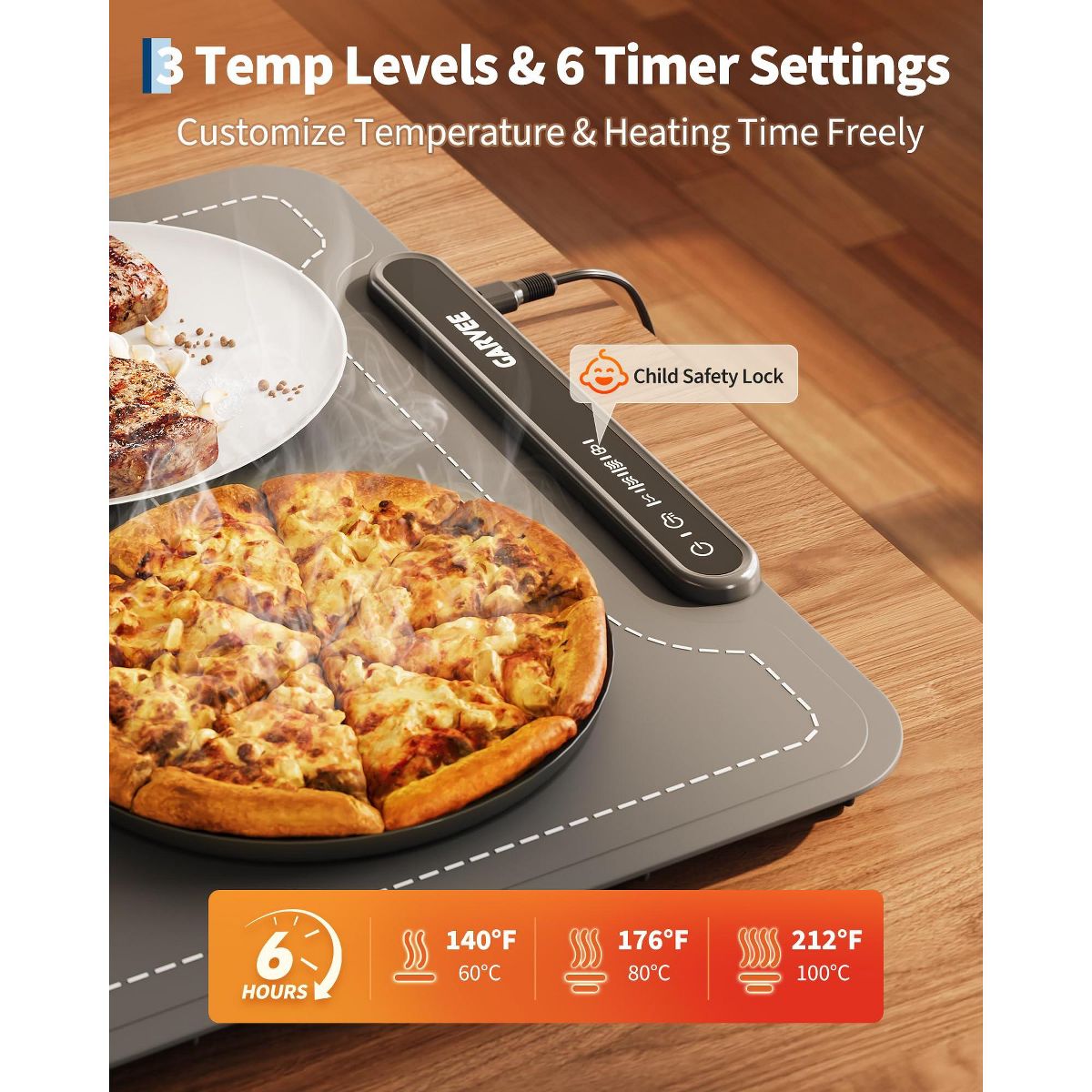 Garvee 24"x16" Electric Food Warming Mat, 3 Temps, 6H Timer, 250W, Child Lock, Auto Shut-Off – Rollable Silicone Warmer for Kitchen, Buffet, Parties - thumbnail 10