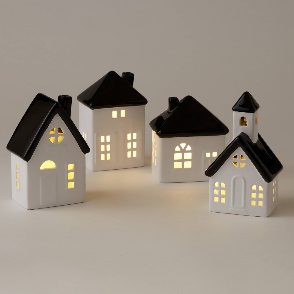 4pk Battery Operated Decorative Ceramic House White with Black Roof - Wondershop