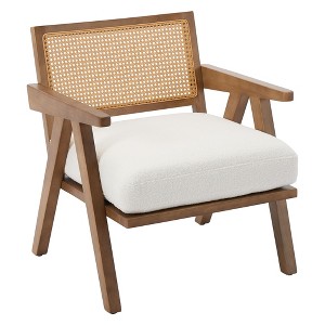 Mid-Century Farmhouse Accent Chair Wood Armchair with Rattan Backrest Linen Cushion Beige Easy Assembly for Living Room Bedroom - 1 of 4