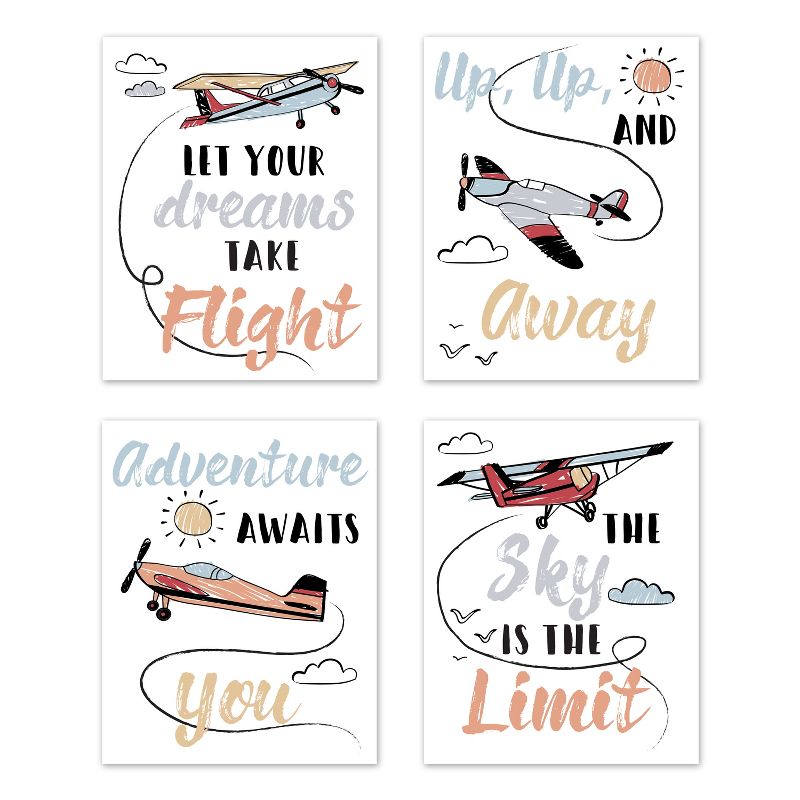Sweet Jojo Designs Boy Unframed Wall Art Prints for Décor Airplane Red Blue and Grey 4pc, 1 of 7