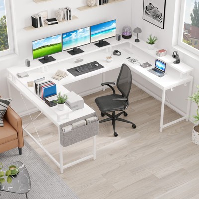 U Shaped Desk, 126 Inch Gaming Desk with Monitor Stand and LED Lights, Reversible Shaped Large Computer Desk with Power Outlets