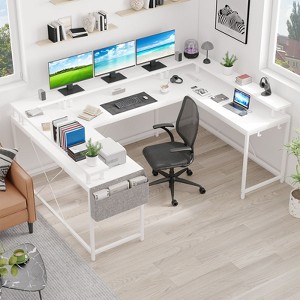 U Shaped Desk, 126 Inch Gaming Desk with Monitor Stand and LED Lights, Reversible Shaped Large Computer Desk with Power Outlets - 1 of 4