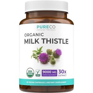 USDA Organic Milk Thistle Capsule, 80% Silymarin Supplement for Liver Support, 9,000mg Milk Thistle Extract for Liver Detox, Pure Co, 60 or 120ct - 1 of 4