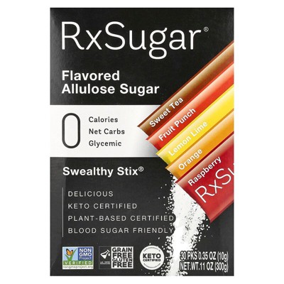 RxSugar, Swealthy Stix, Flavored Allulose Sugar, Sweet Tea, Fruit Punch, Lemon Lime, Orange, Raspberry, 30 Packs, 0.35 oz