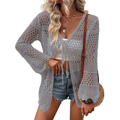 Womens Cardigan Spring Tops Sheer Lightweight Summer Cardigan Beach Cover Up Tops V Neck Lantern Sleeve Sweater Cardigan