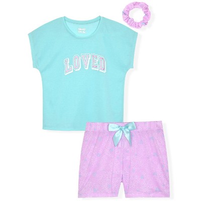Sleep On It Girls 2-Piece Short-Sleeve Jersey Pajama Shorts Set with Matching Hair Scrunchie