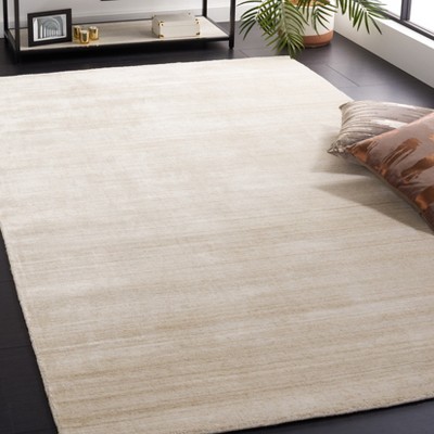 Beige Hand-Knotted Wool and Viscose 6' x 9' Rug