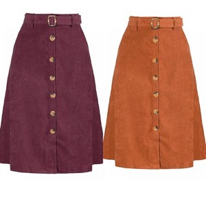 INSPIRE CHIC Women's High Waist Solid Button Front A-Line Belted Corduroy Midi Skirt 2 Packs - 1 of 4