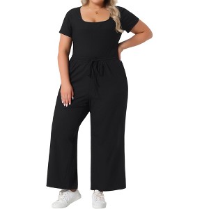 Agnes Orinda Women's 2 Pieces Square Neck Short Sleeve Bodysuit Top Wide Leg Pants Set - 1 of 4