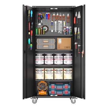 AOBABO 72 Inch Locking Metal Garage Storage Cabinet with Universal Rubber Wheels with Lockable Casters, Pegboards, and Magnetic Doors, Black