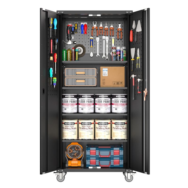 AOBABO 72 Inch Locking Metal Garage Storage Cabinet with Universal Rubber Wheels with Lockable Casters, Pegboards, and Magnetic Doors, Black, 1 of 8