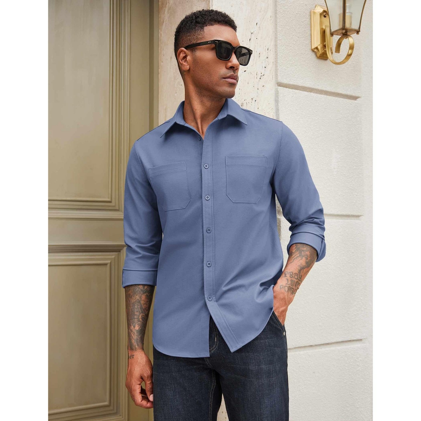 Мужская рубашка COOFANDY Men' s Everyday DenimLook Shirt Long Sleeve Work Pockets Blue, цвет: Синий — фото 2
