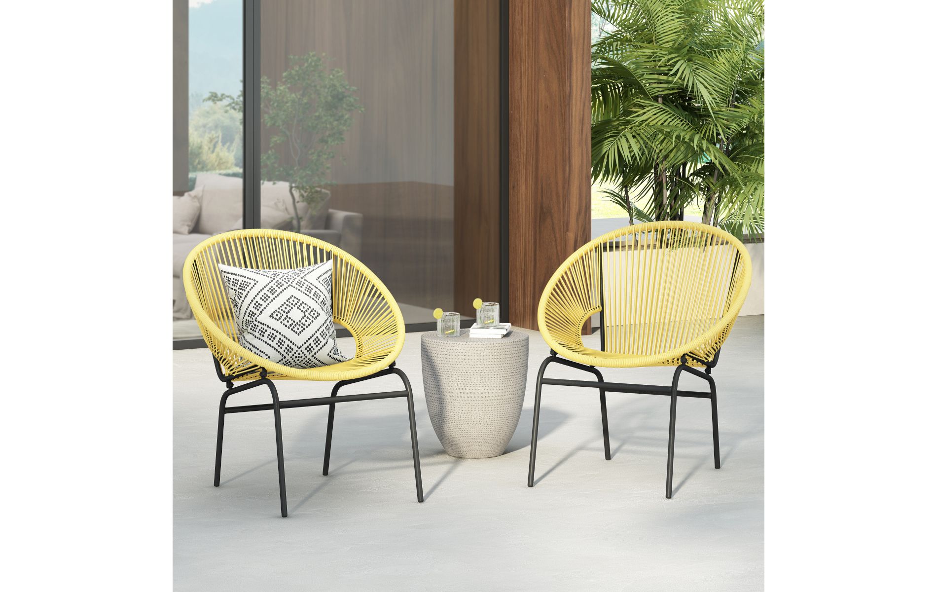 Set of 2 Woven Rattan Outdoor Lounge Chair with Rust Resistant Iron Frame, Modern Yellow Patio Chairs-3irtyhousy