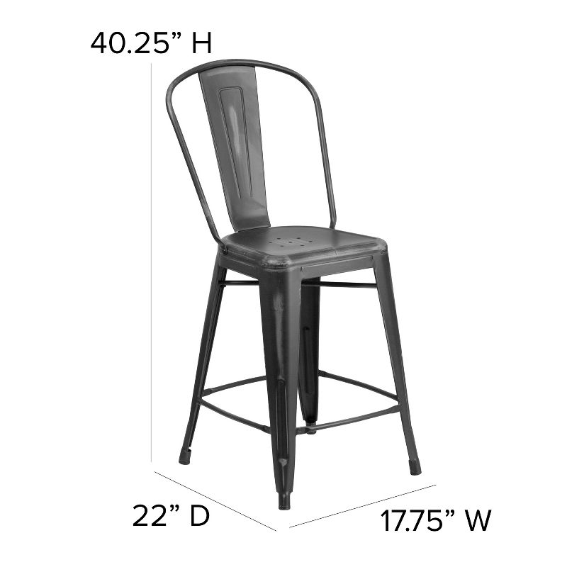 Emma and Oliver Commercial Grade 24"H Distressed Metal Indoor-Outdoor Counter Stool with Back, 5 of 13