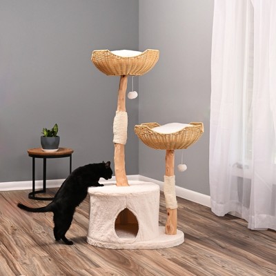 Natural Wood and Sisal Freestanding Cat Tree with Plush Condo