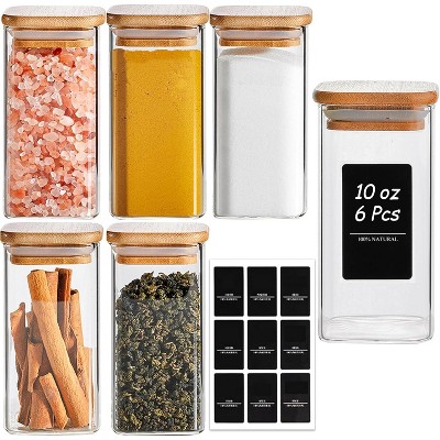6Pcs 10 oz Large Spice Jars with Labels, Glass Spice Jars with Bamboo Lids for Kitchen Starter