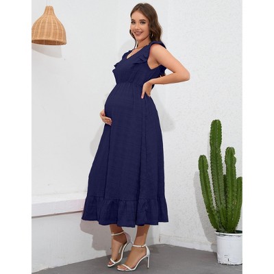 Womens Maternity V Neck Dress Ruffle Sleeve Pocket Baby Shower Maxi Dress Navy Blue M