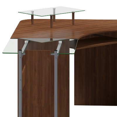 Maple and Glass Corner Desk with Keyboard Tray and CPU Cart
