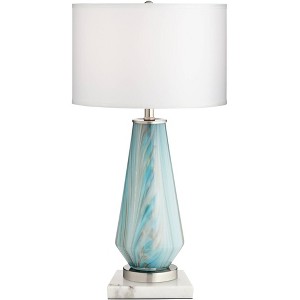 Possini Euro Design Jaime Modern Table Lamp with Square White Marble Riser 26" High Blue Gray Art Glass Drum Shade for Bedroom Living Room Bedside - 1 of 4