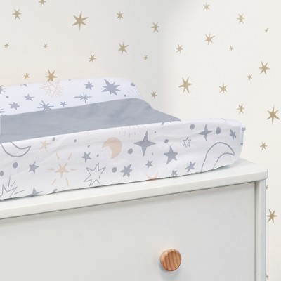 Gray and White Cotton Polyester Changing Pad Cover with Moon and Stars