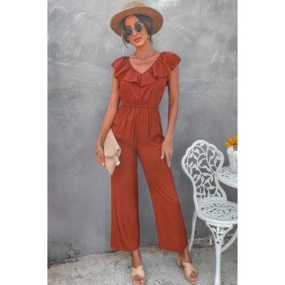I AM A FASHION JUNKY Solid Ruffle Trim V Neck Fit Jumpsuit