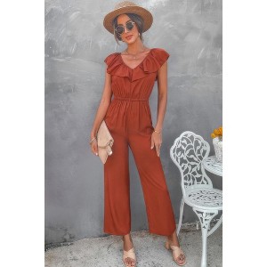I AM A FASHION JUNKY Solid Ruffle Trim V Neck Fit Jumpsuit - 1 of 4