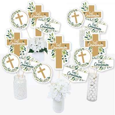 Big Dot of Happiness First Communion Elegant Cross - Religious Party Centerpiece Sticks - Table Toppers - Set of 15