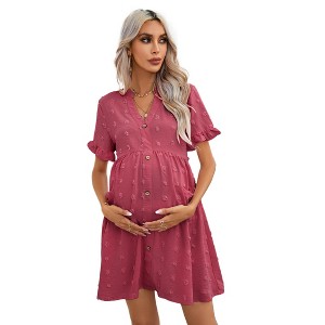 Womens Maternity Dress Swiss Dot V Neck Short Sleeve Button Down Summer Casual Baby Shower Mini Dresses - 1 of 4