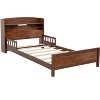 DOMETOUR Full Pine Wood Bed with Bookcase Headboard LED Motion Sensor Light, Bed Guardrails, Walnut - 2 of 4