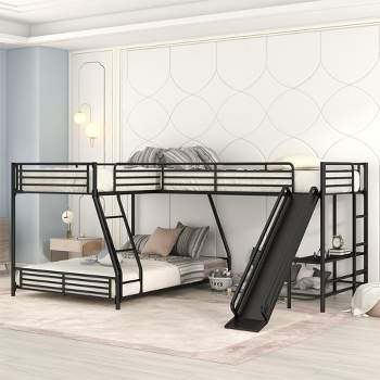 L-Shaped Twin over Full Bunk Bed with Twin Size Loft Bed,Built-in Desk and Slide, Black - ModernLuxe