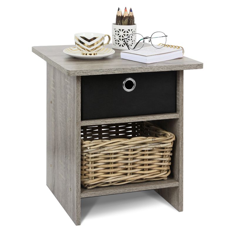 Furinno Dario End Table/ Night Stand Storage Shelf with Bin Drawer, French Oak/Black, 4 of 7