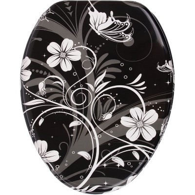 Sanilo 139 Elongated Molded Wood Toilet Seat with No Slam, Slow, Soft Close Lid, Stainless Steel Hinges, Unique Fun Decorative Design, White Flower