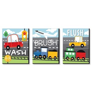 Big Dot of Happiness Cars, Trains, and Airplanes - Transportation Kids Bathroom Rules Wall Art - 7.5 x 10 inches - Set of 3 Signs - Wash, Brush, Flush - 1 of 4
