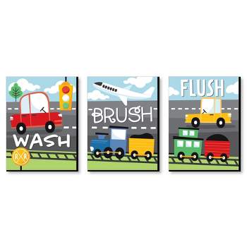Big Dot of Happiness Cars, Trains, and Airplanes - Transportation Kids Bathroom Rules Wall Art - 7.5 x 10 inches - Set of 3 Signs - Wash, Brush, Flush