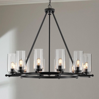 Rennnsan Kintera 40" W 12 -Light Glass Dimmable Farmhouse Wagon Wheel Chandelier in Matte Black