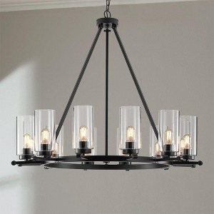 Rennnsan Kintera 40" W 12 -Light Glass Dimmable Farmhouse Wagon Wheel Chandelier in Matte Black - 1 of 4